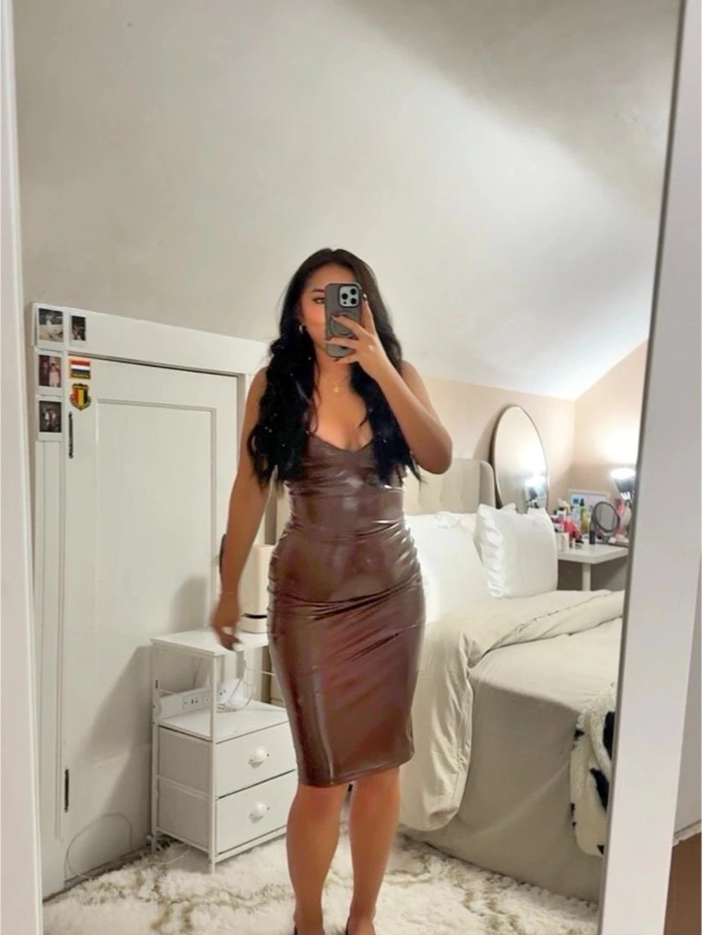 Brown Faux Leather Midi Dress Like New